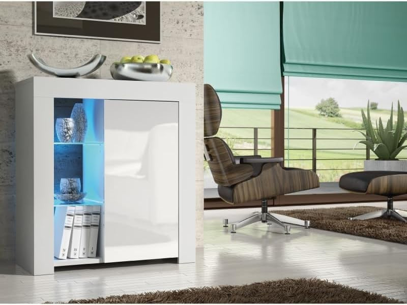 Modern White Sideboard Cabinet with LED Light, Storage & Adjustable Shelf
