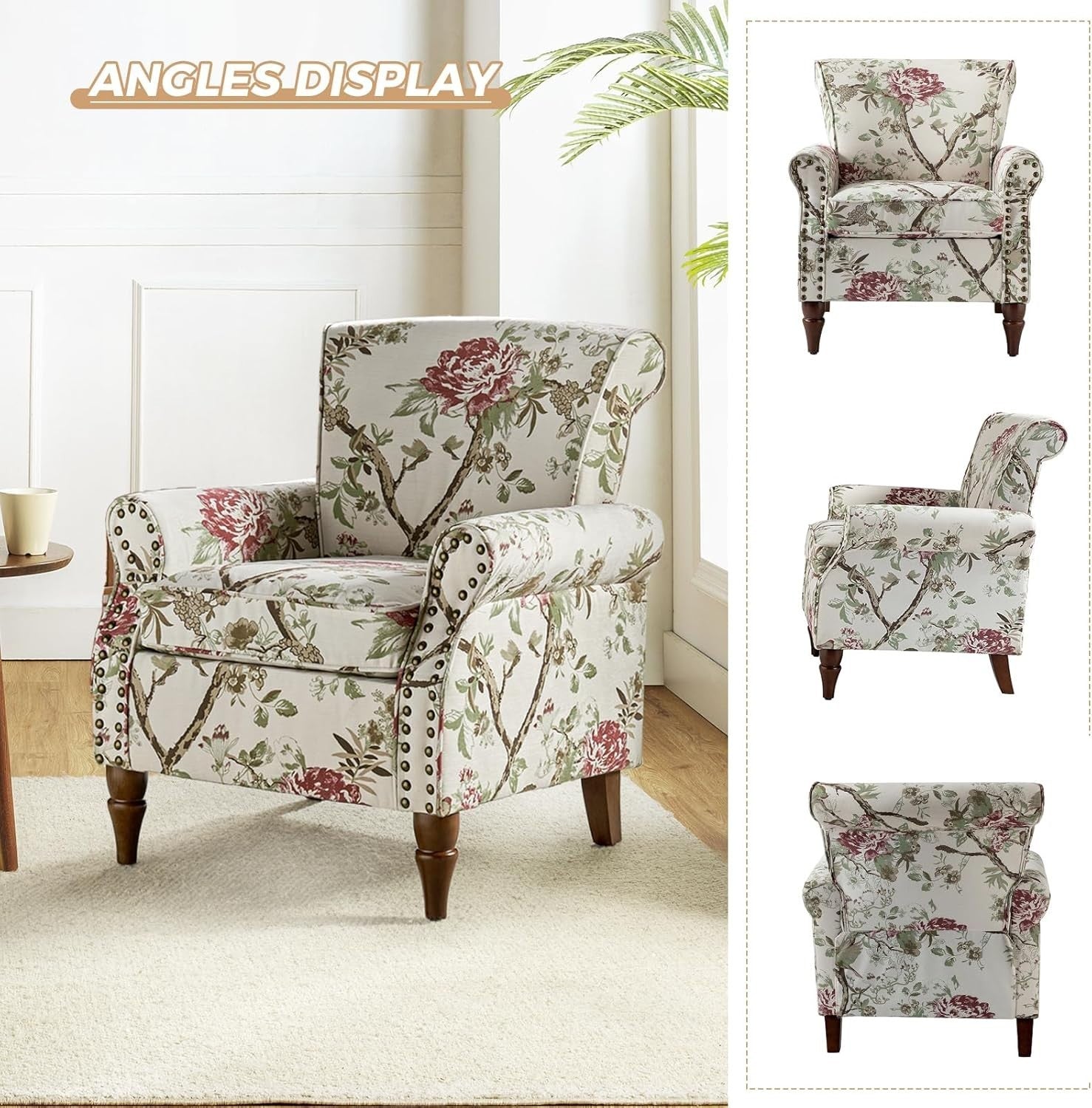 Floral Wingback Accent Chair Comfy Armchair Tufted Back Wood Legs