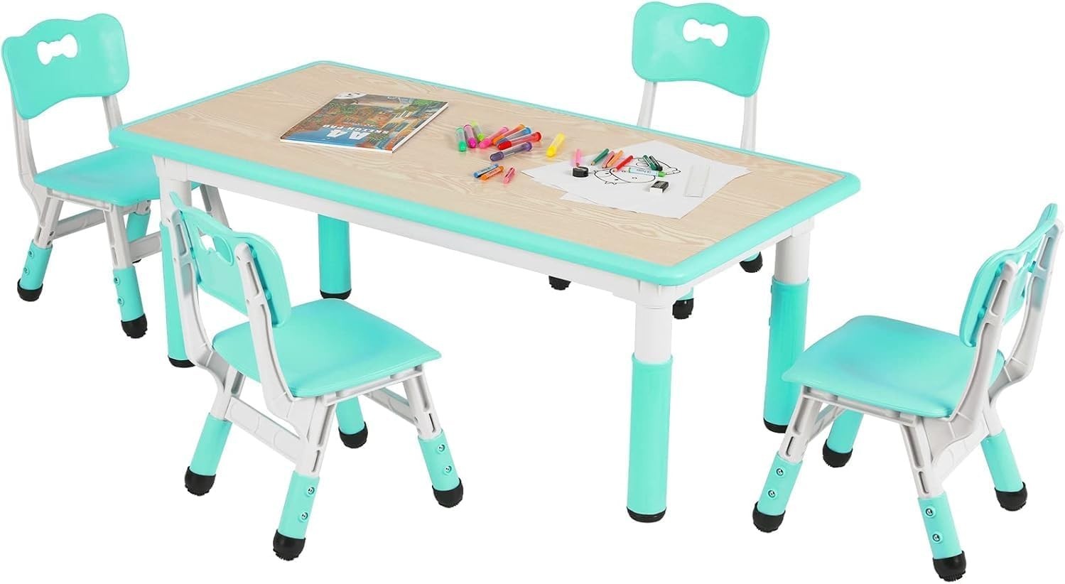 Height Adjustable Kids Table & 4 Chairs Set, Safe Plastic, 120x60cm Green