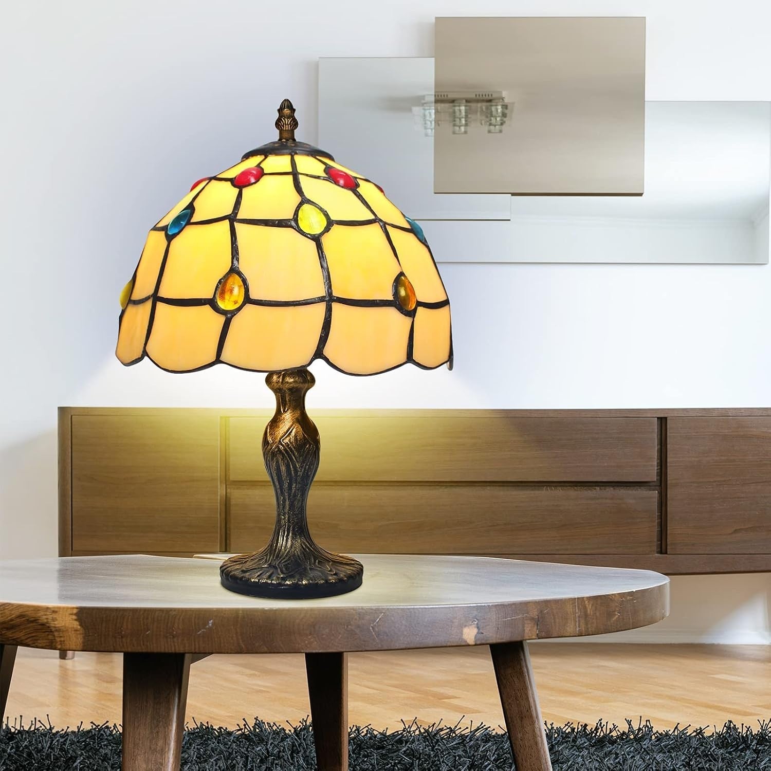 Vintage Stained Glass Table Lamp Crystal Beads Bedside Light for Home