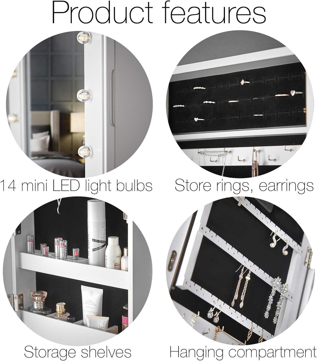 White LED Jewellery Cabinet Wall Mounted Mirror Storage Organizer