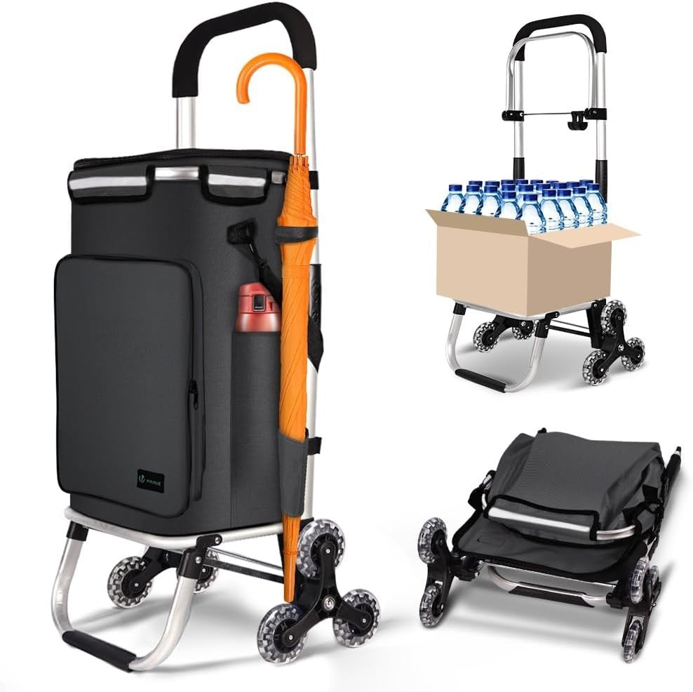 60L Folding 6-Wheel Grocery Cart Black Stair Climbing Shopping Trolley