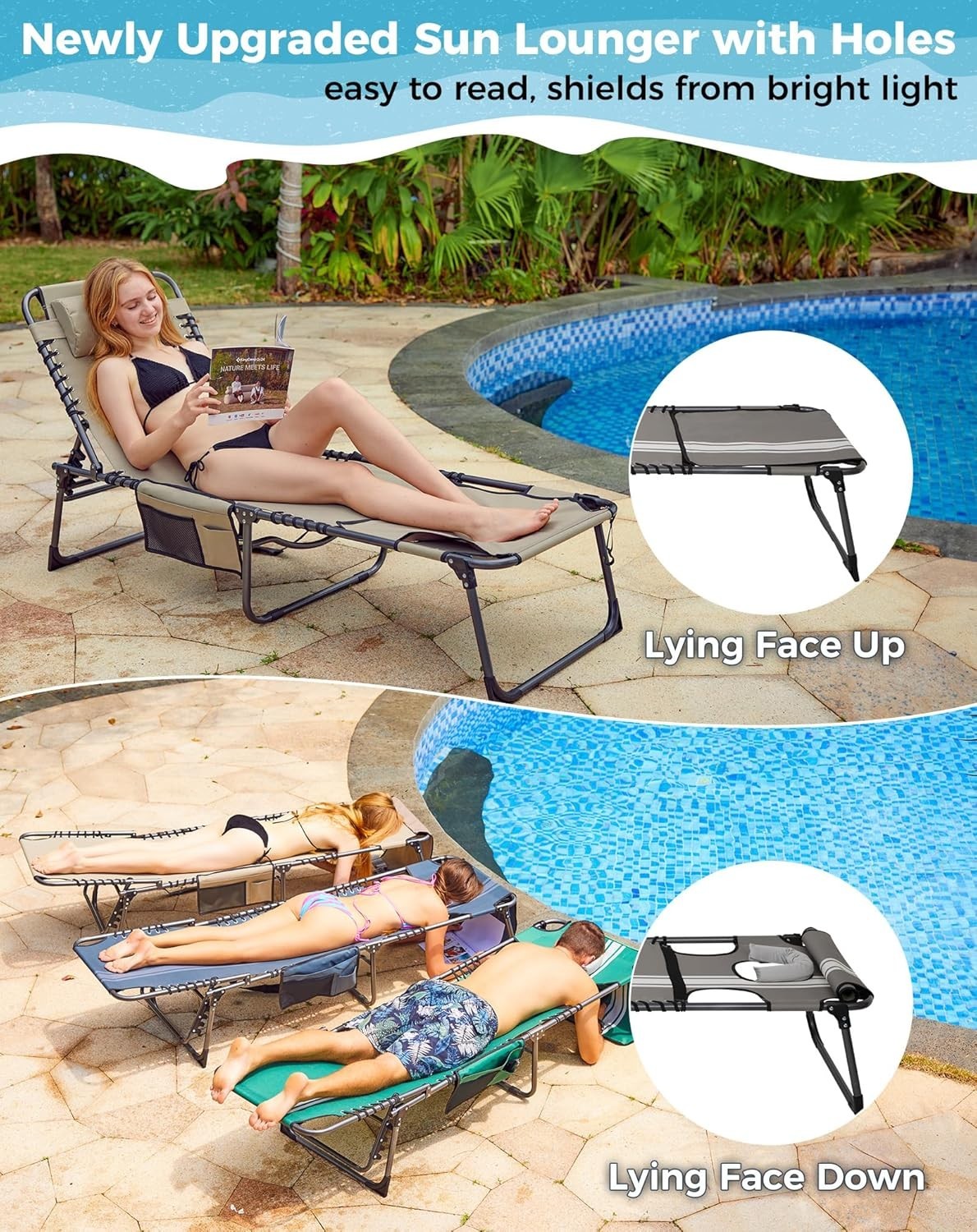 Reclining Folding Sun Lounger w/ Face Hole Garden Bed Chair Beach Patio Spa