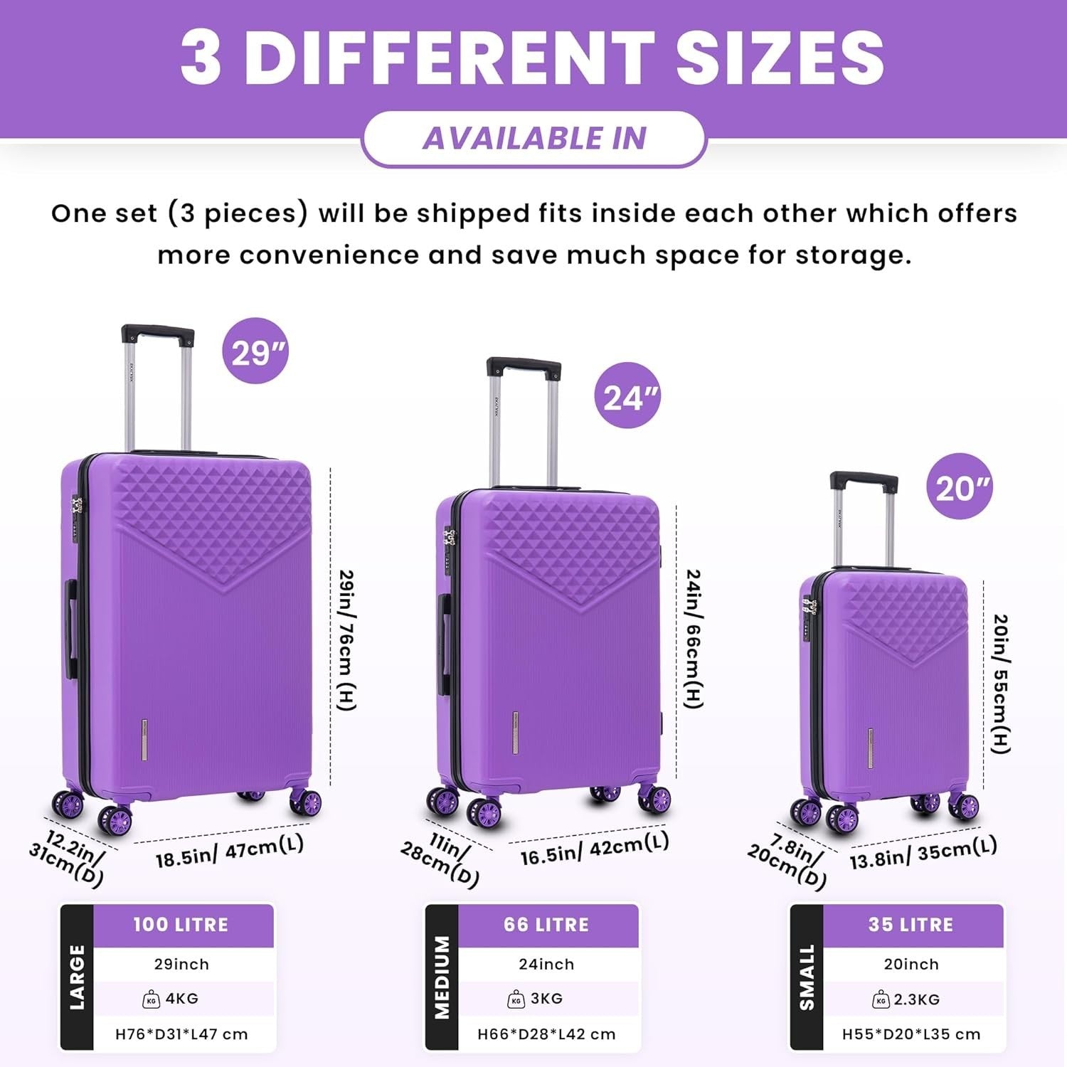 24 Inch Check In Suitcase ABS Hard Shell Lightweight 4 Wheel Spinner 66L