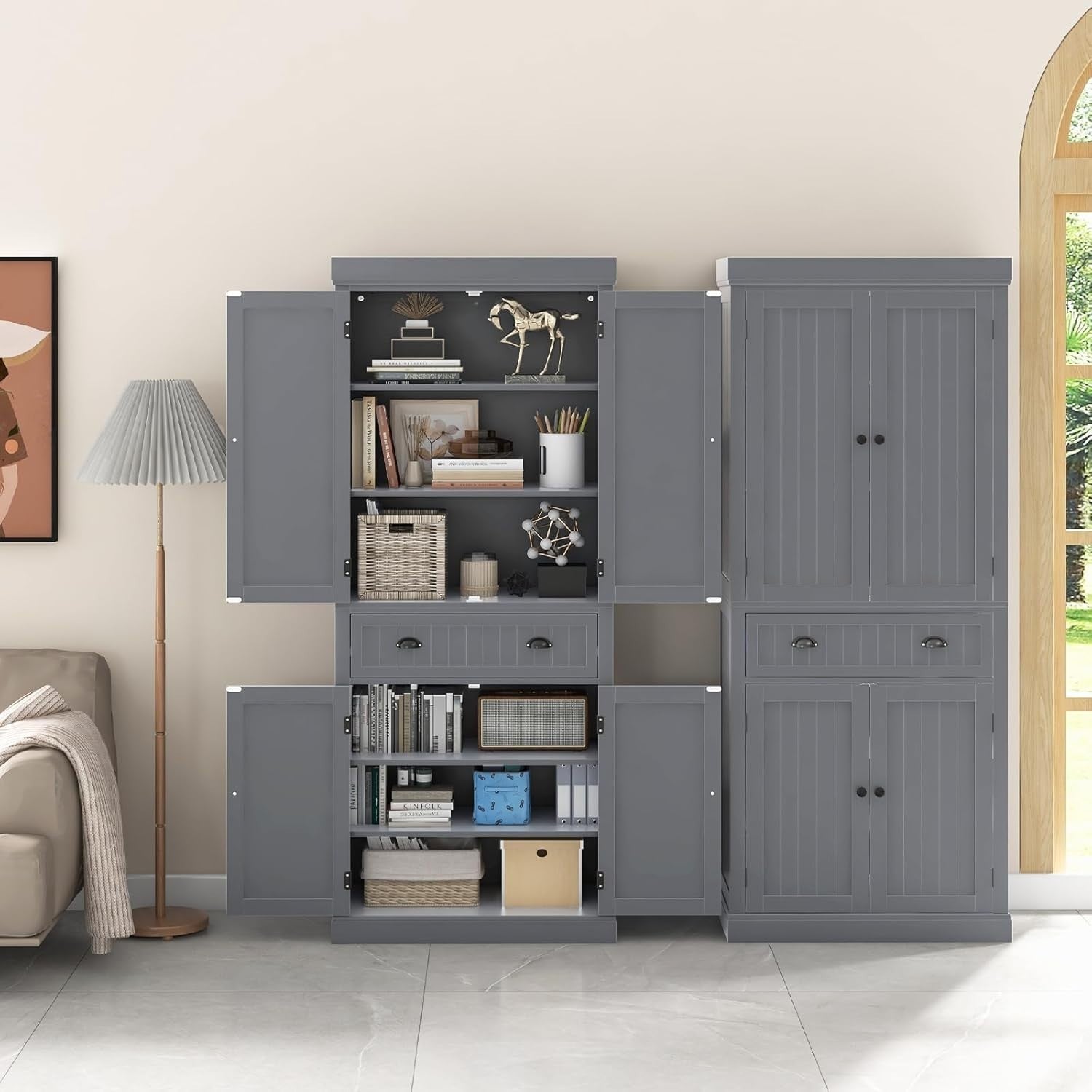 Grey Tall Kitchen Cupboard 183cm Pantry Storage Cabinet Drawer Shelves