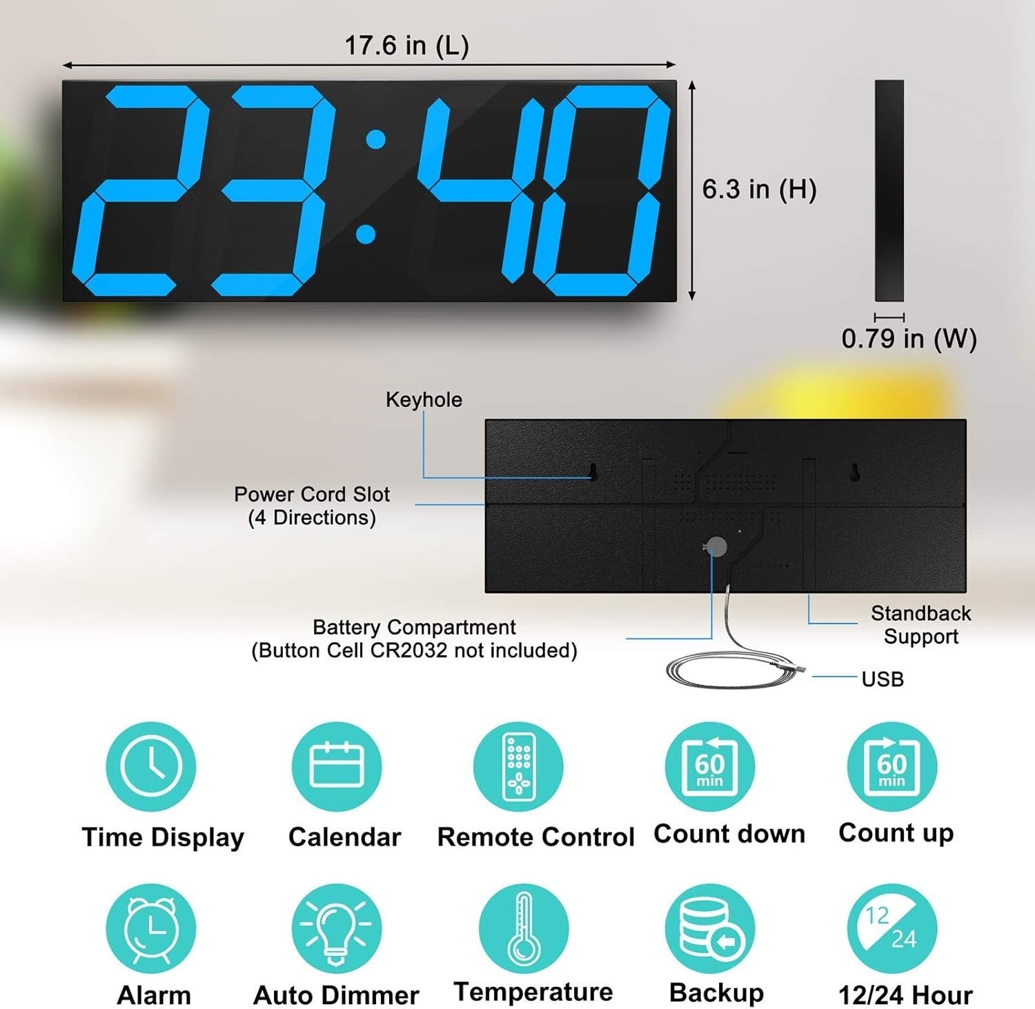18" LED Wall Clock Blue Display Timer Thermometer Calendar USB Powered