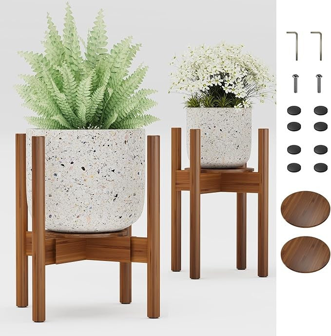 Adjustable Bamboo Plant Stand 2 Pack with Tray for Indoor Pots 20–30cm Walnut