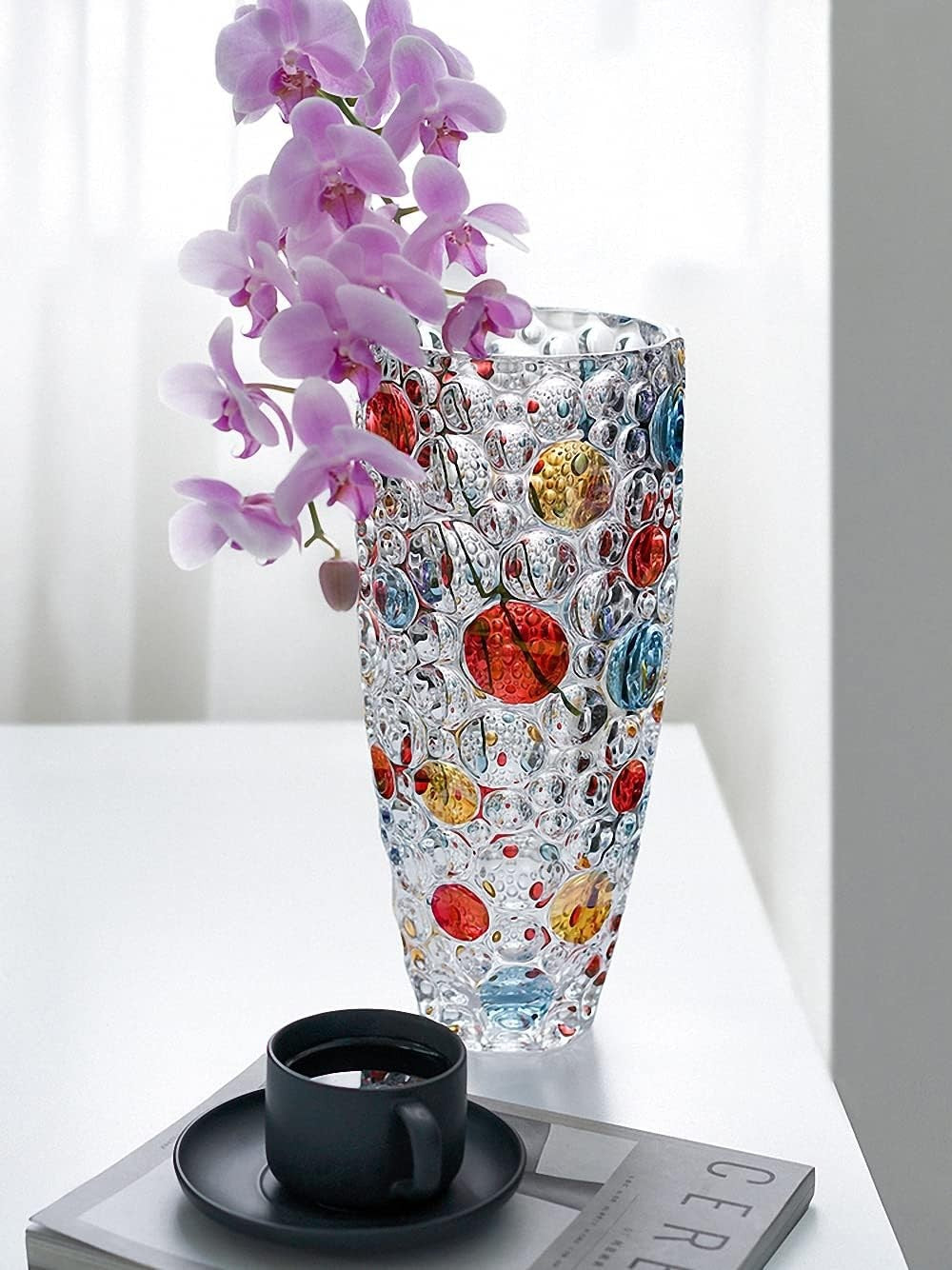 Large Crystal Glass Flower Vase 11.8in Colorful Dot Modern Home Décor