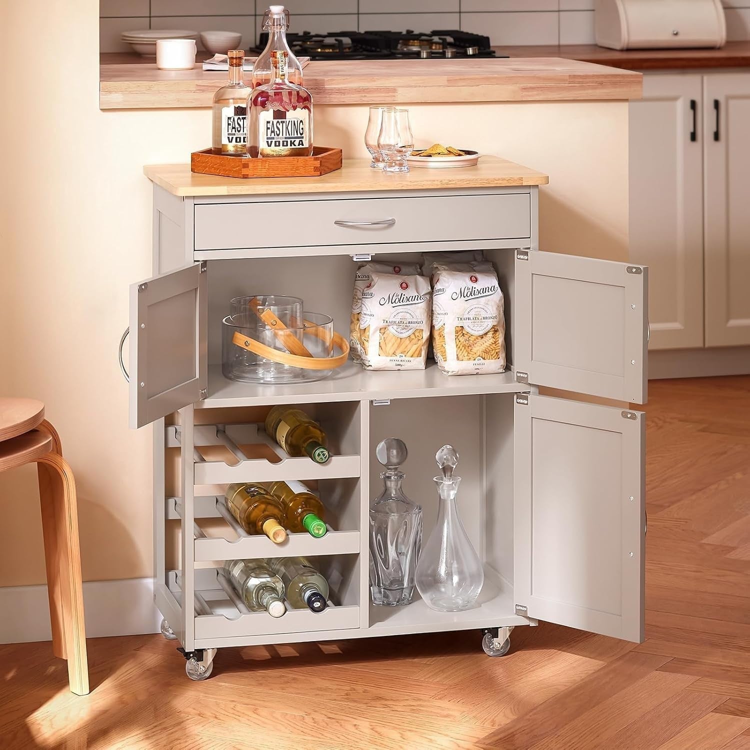 Mobile Kitchen Island Trolley with Wine Rack, Drawer & Lockable Wheels