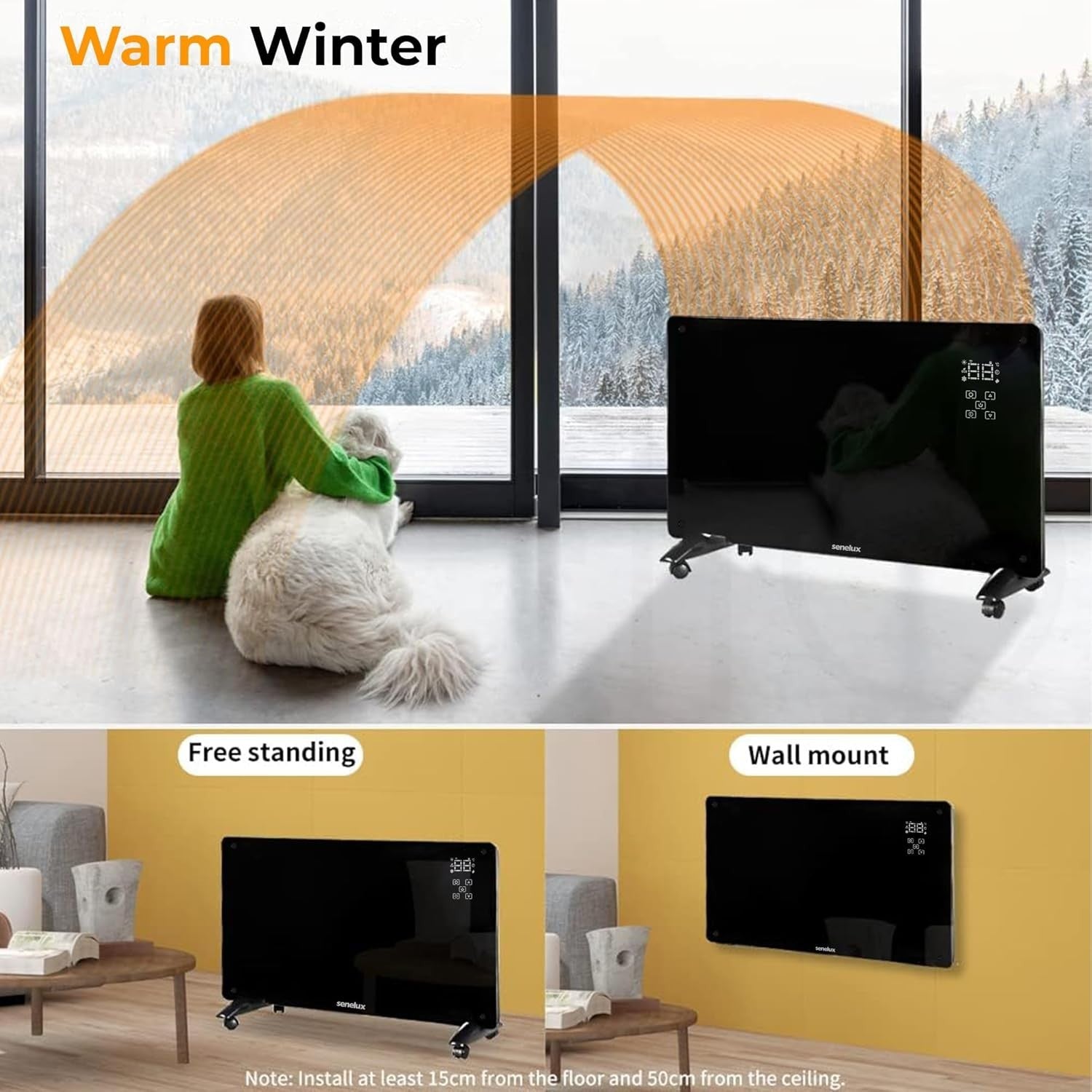 2000W WiFi Smart Electric Glass Panel Heater Black Remote Control