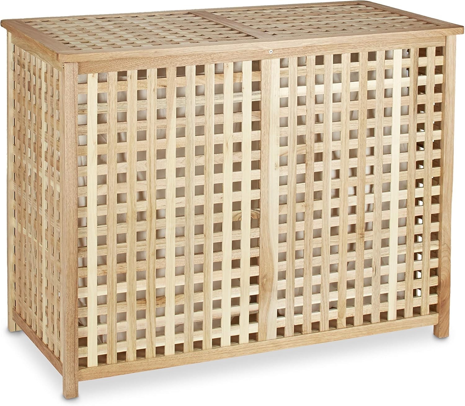 Large Double Laundry Hamper Natural Wood With 2 Linen Bags Lift-Up Lid 75L