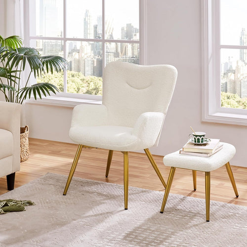Cozy Ivory Boucle Armchair & Ottoman Set | Plush Lounge Chair with Metal Legs