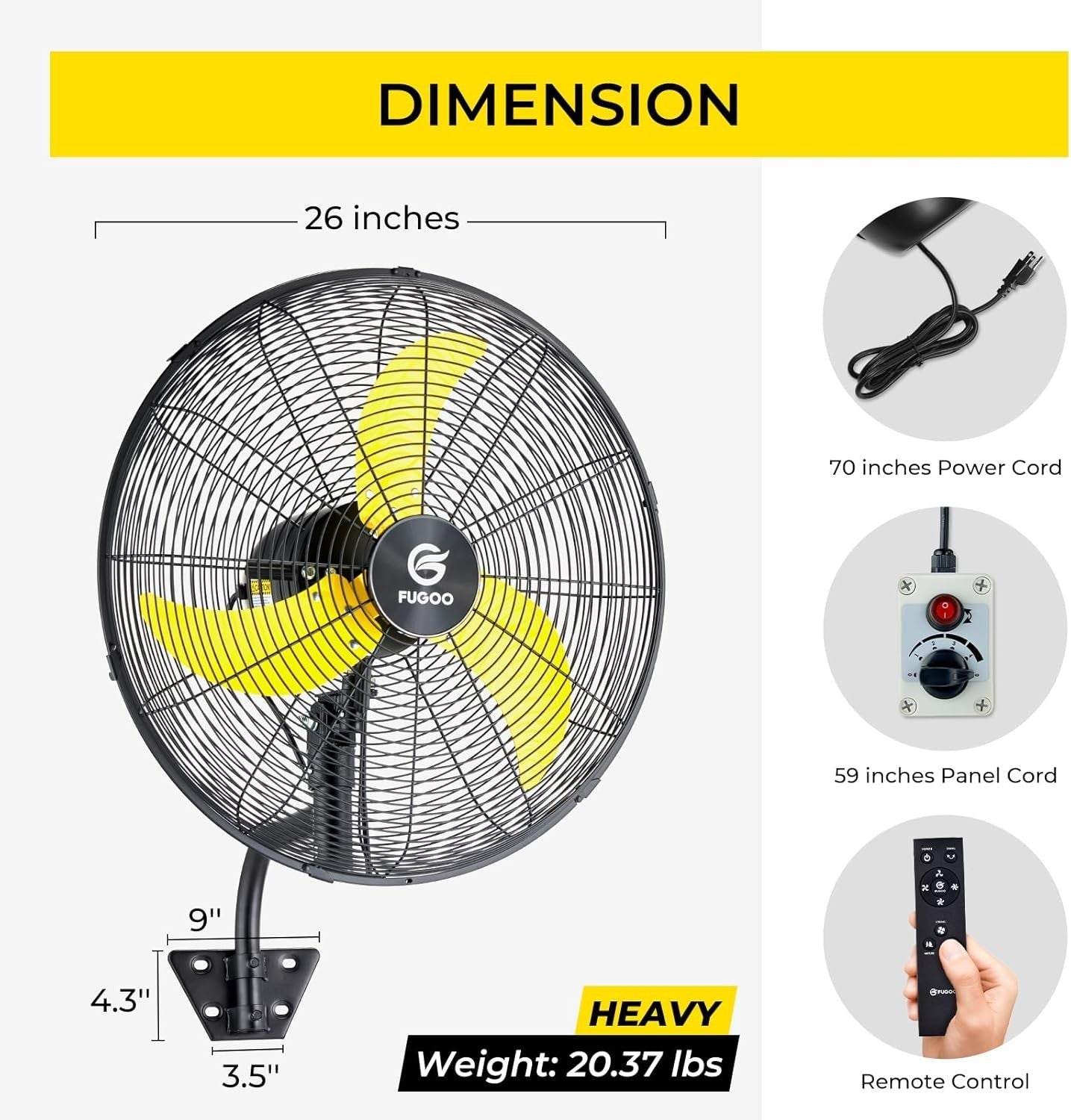 24" Wall Mount Industrial Fan – 4Speed Waterproof Oscillating Cooling for Garage
