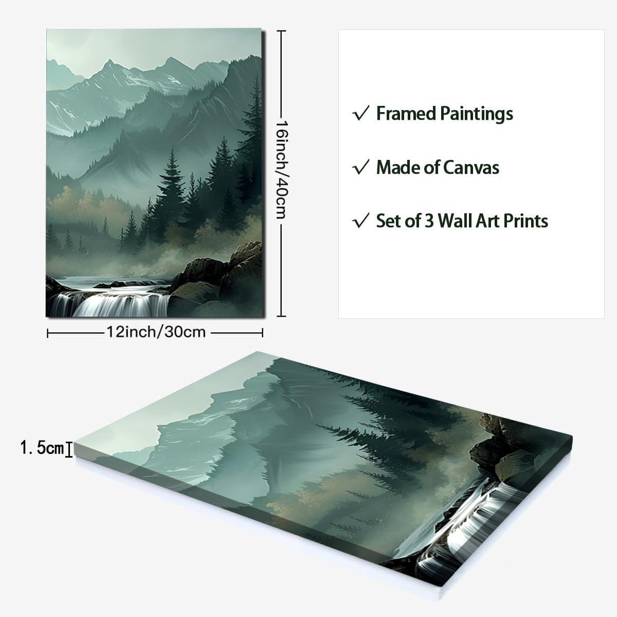 3 Panel Forest Mountain Canvas Wall Art 30x40cm Framed
