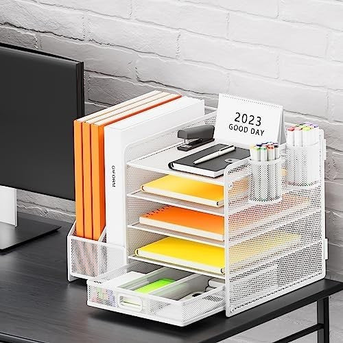 5 Tier Desk Organiser File Holder White Mesh Paper Tray Drawer Storage