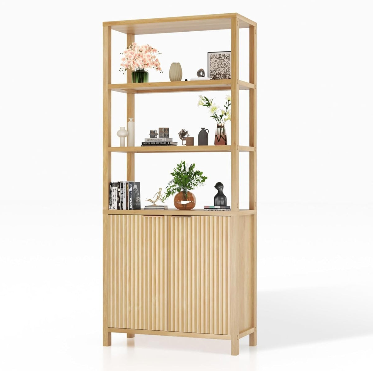 6 Tier Bookcase with Doors Fluted Panel Bookshelf Adjustable Storage Cabinet Oak