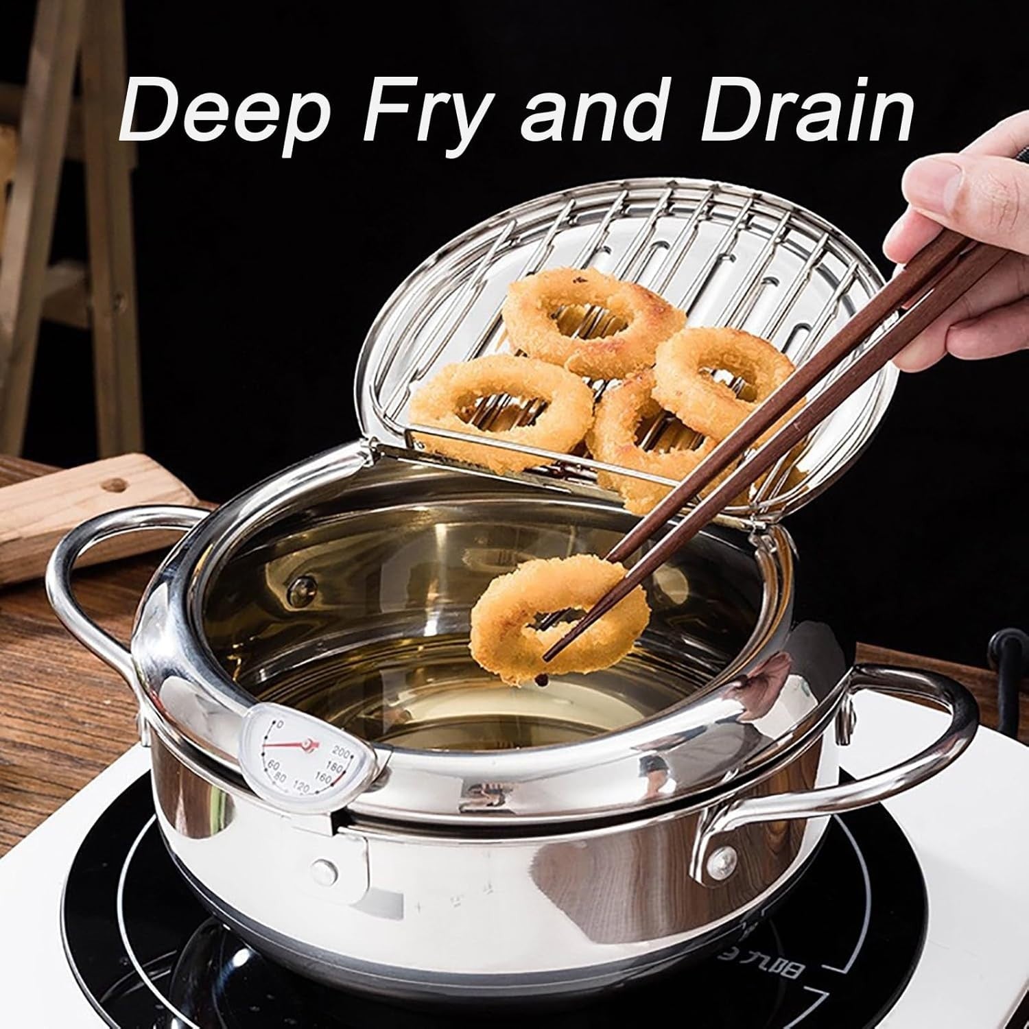 21cm Stainless Steel Tempura Frying Pot w Thermometer Lid Oil Spout