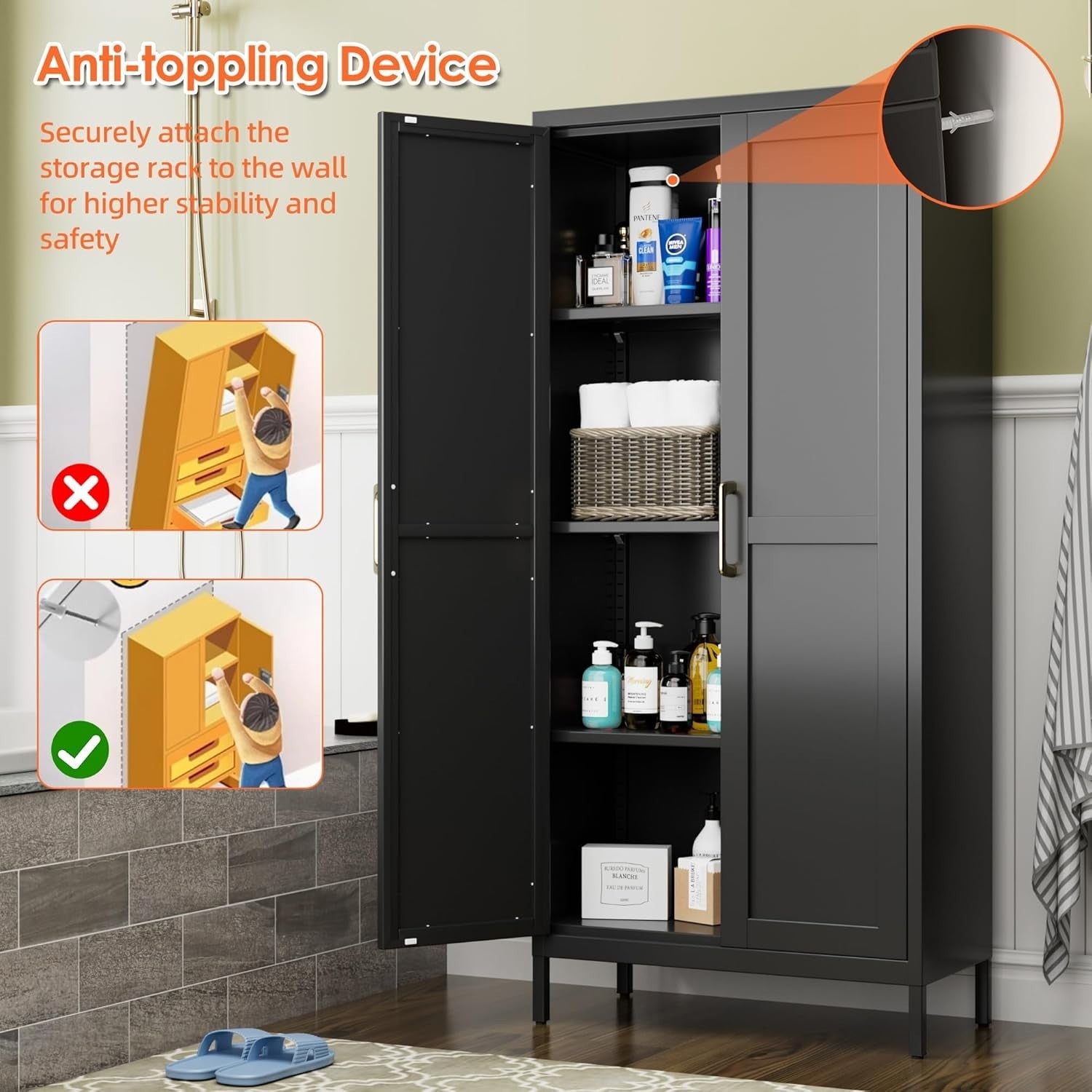 Black Metal Office Storage Cabinet 2 Doors Adjustable Shelves 155H