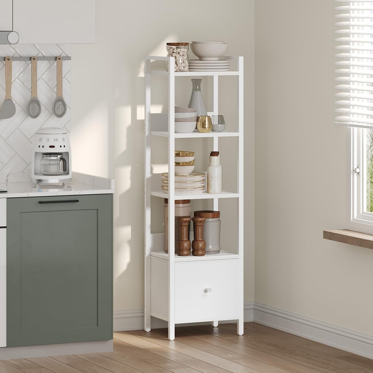 5 Tier Slim Bookshelf with Drawer Space Saving Metal Frame Storage Rack