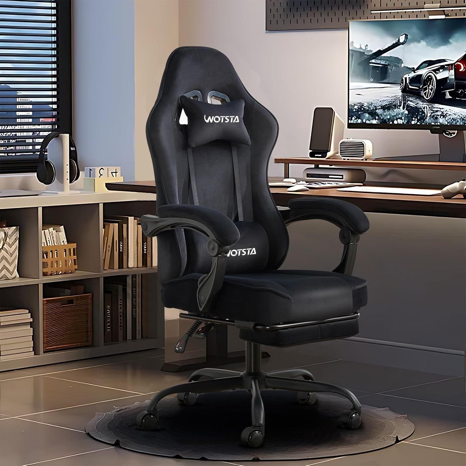 Gaming Chair Ergonomic Suede Recliner Footrest Lumbar Headrest Adult Black NEW