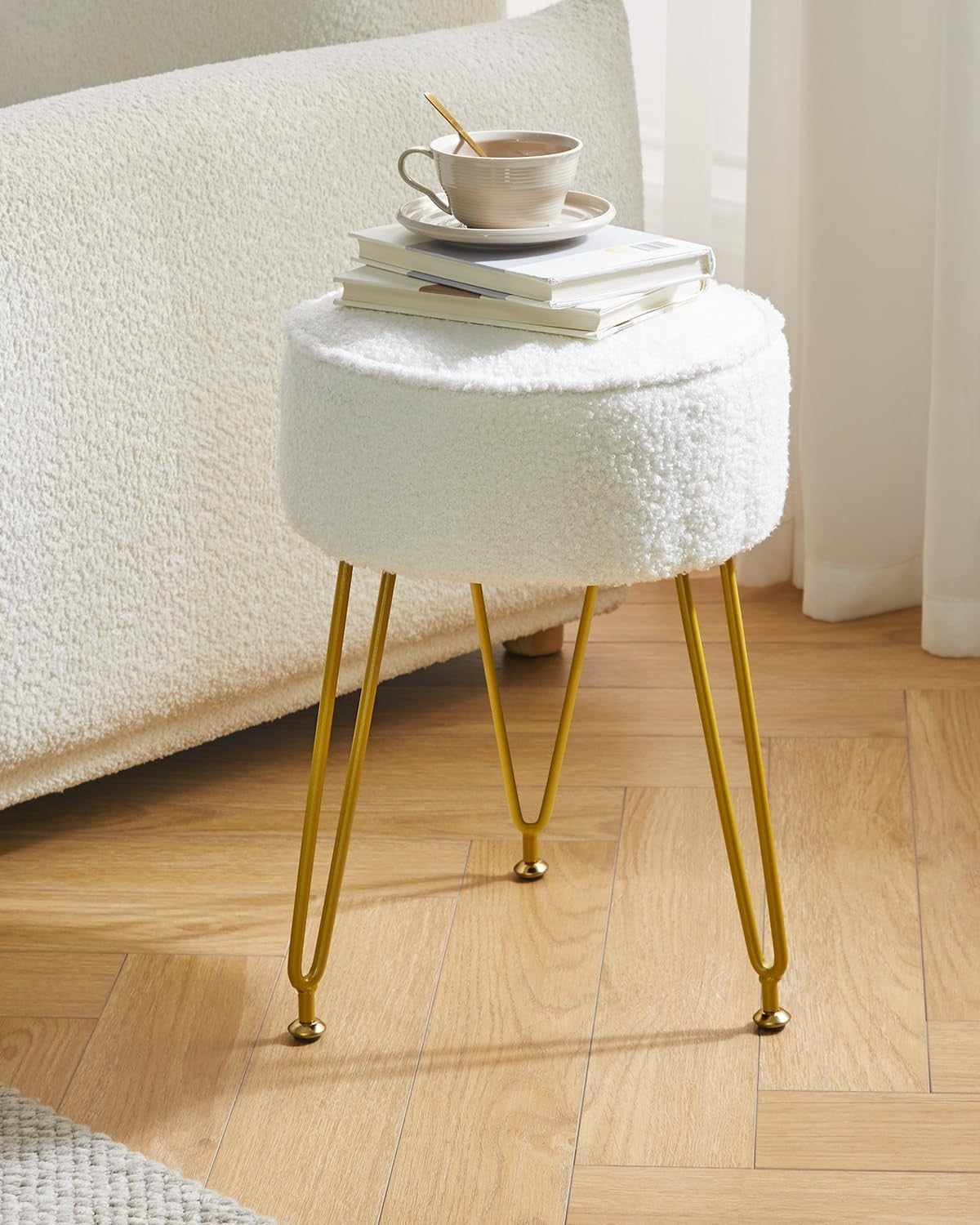 Creamy-White Velvet Round Footrest Ottoman – Vanity Stool with Steel Legs
