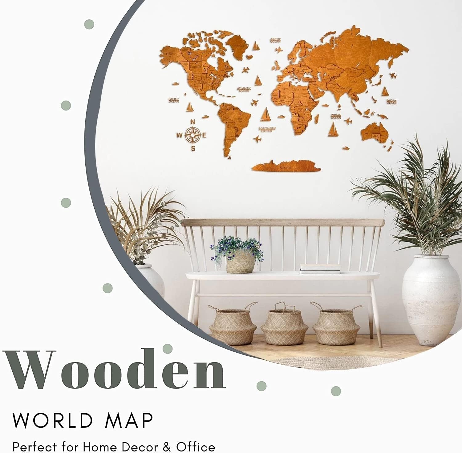 3D Wooden World Map Wall Art Walnut Large Home Office Decor