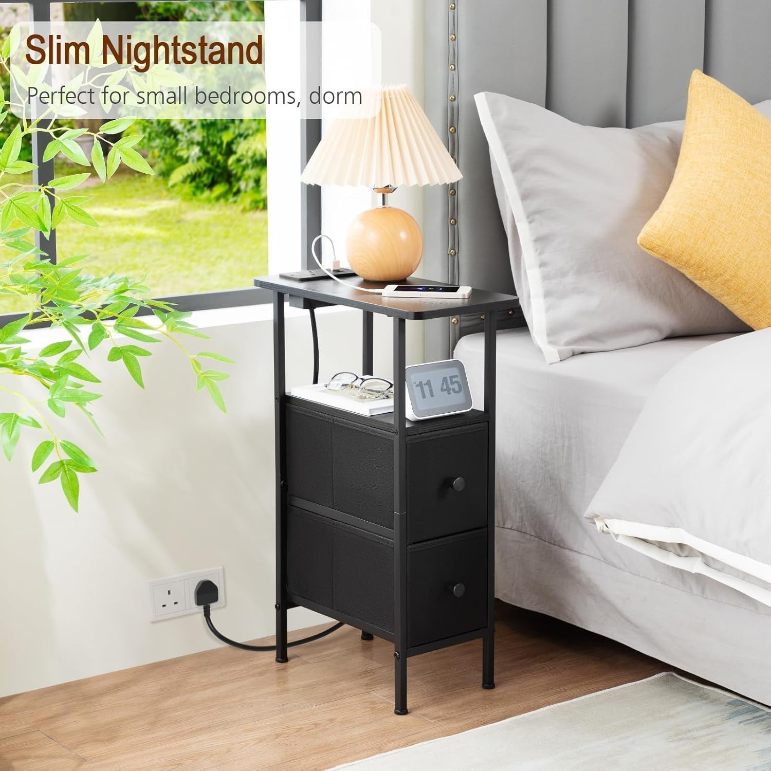 Slim Bedside Table with Charging Station, 2 Fabric Drawers & Open Shelf Storage