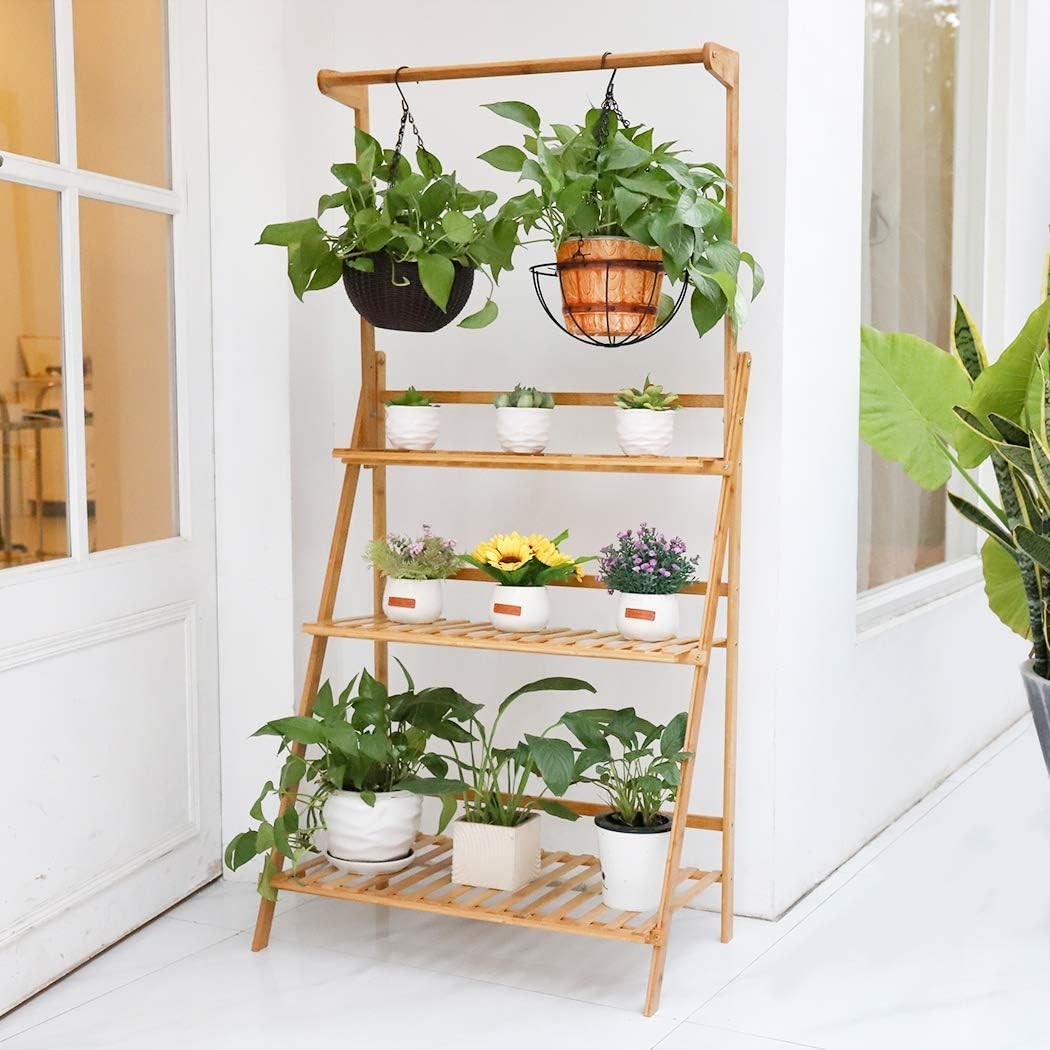 3 Tier Bamboo Plant Stand with Hanging Bar | Foldable Indoor Outdoor Ladder Shel