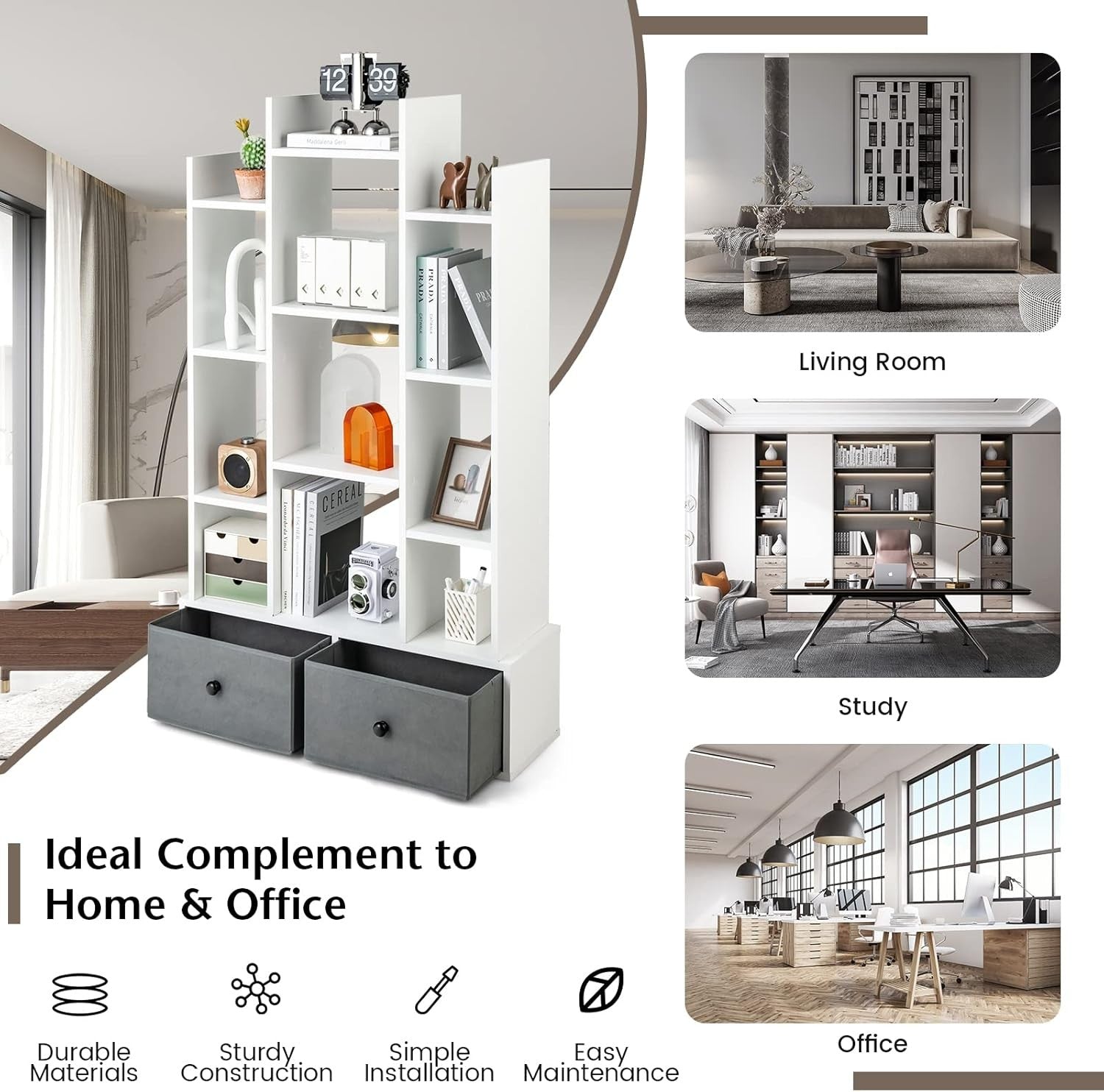 White Tree-Shaped Tall Bookcase 12 Cube Storage Shelf with 2 Drawers 80×24×132cm