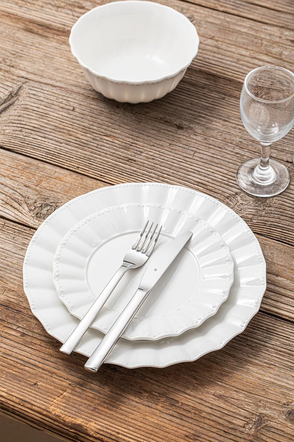 12pc Bone China Dinner Set Plates Bowls White Wavy Design Service for 4