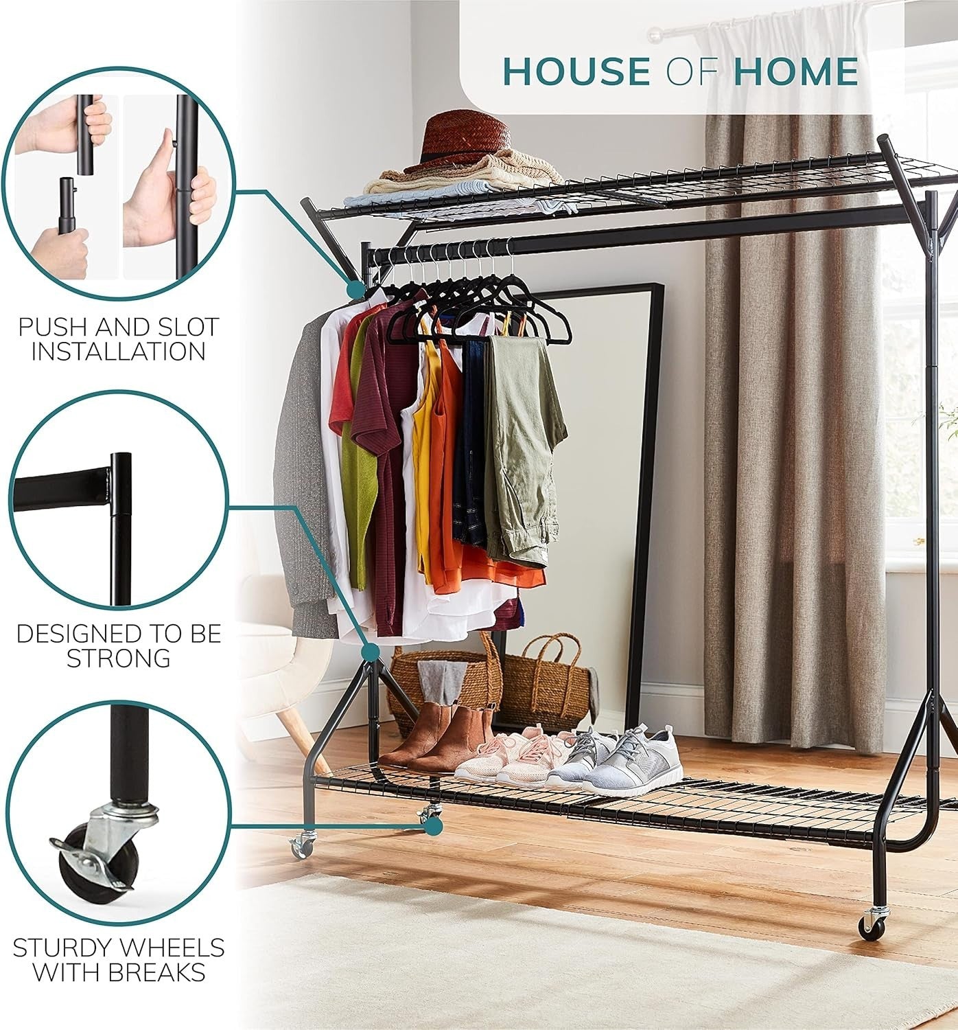 Heavy Duty 5ft Clothes Rail with Wheels & Shelf Black