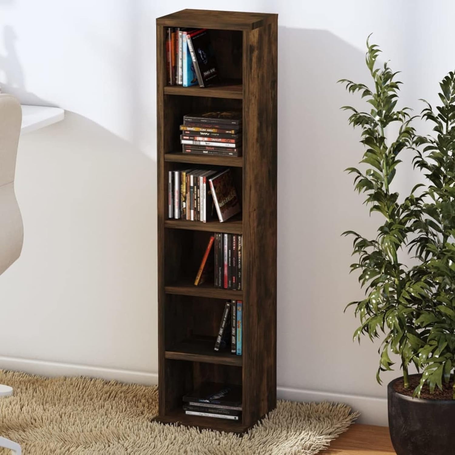 Smoked Oak CD Storage Cabinet Media Shelf DVD Organizer Bookcase Unit