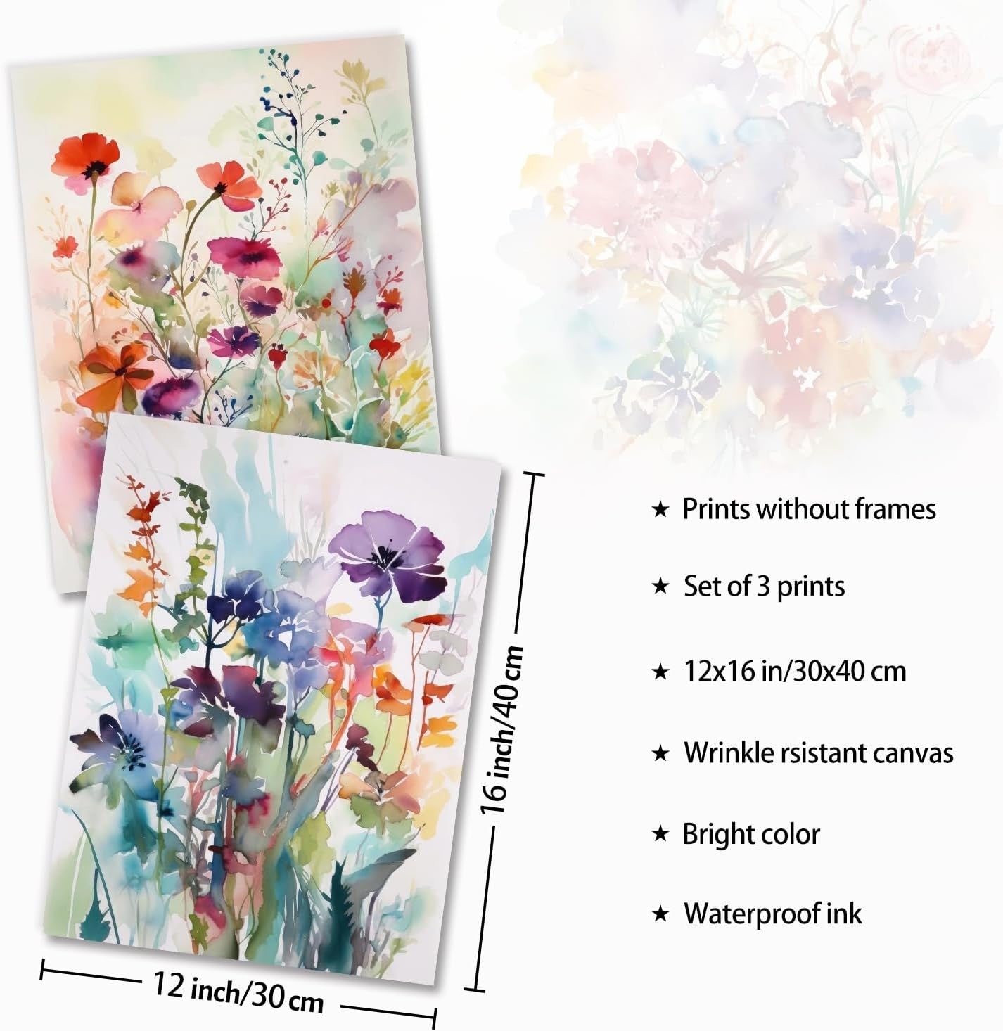 3Pcs Watercolor Flower Canvas Wall Art – Colorful Botanical Prints 12x16in
