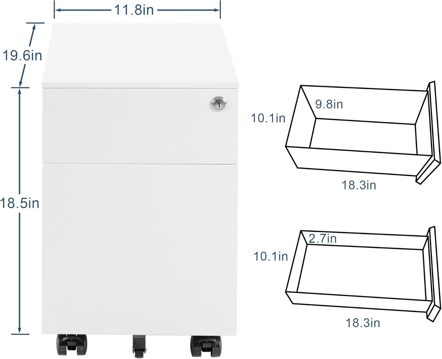 White Locking Metal File Cabinet 2 Drawer Under Desk Rolling Storage