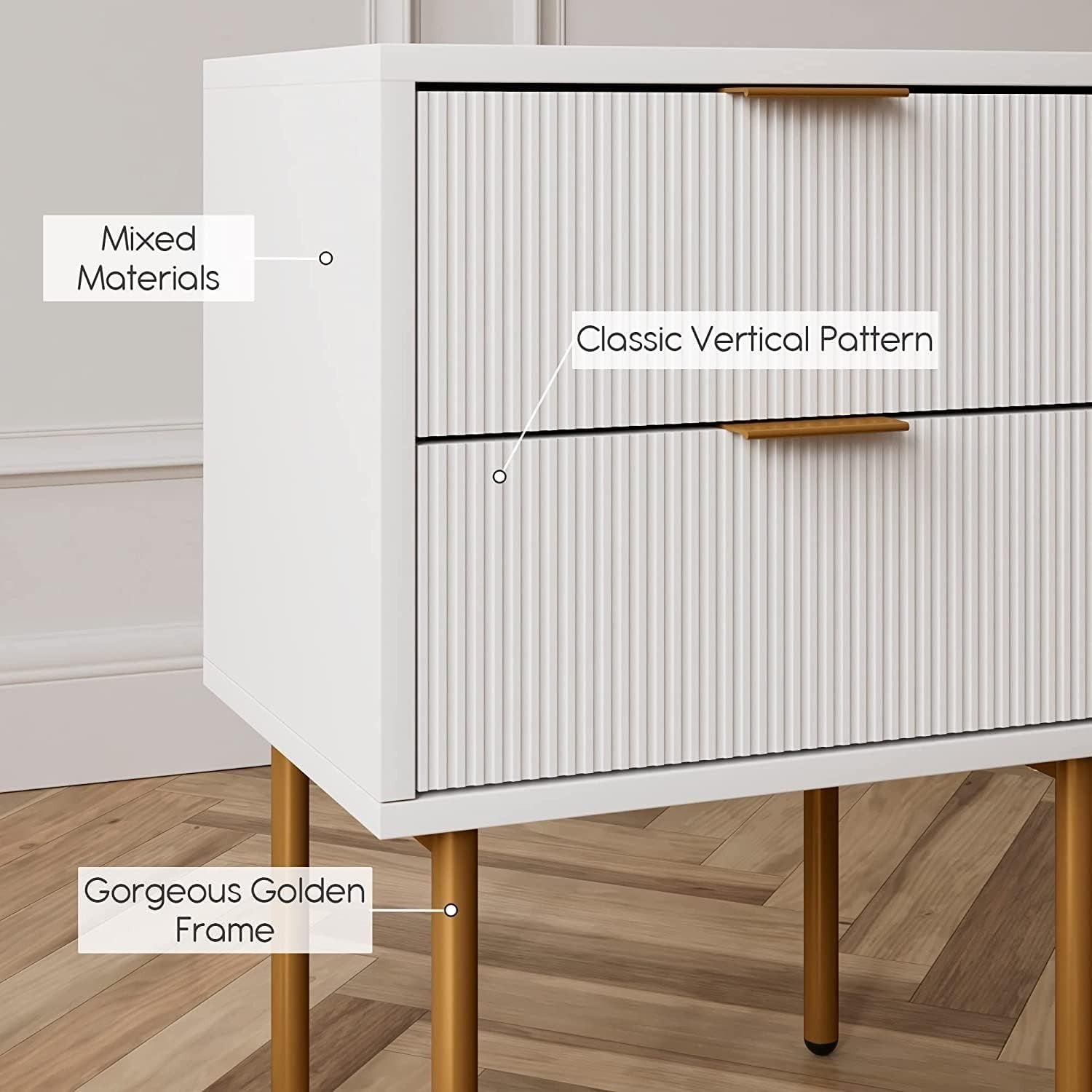 White Bedside Table with 2 Drawers & Gold Legs | Modern Wooden Nightstand