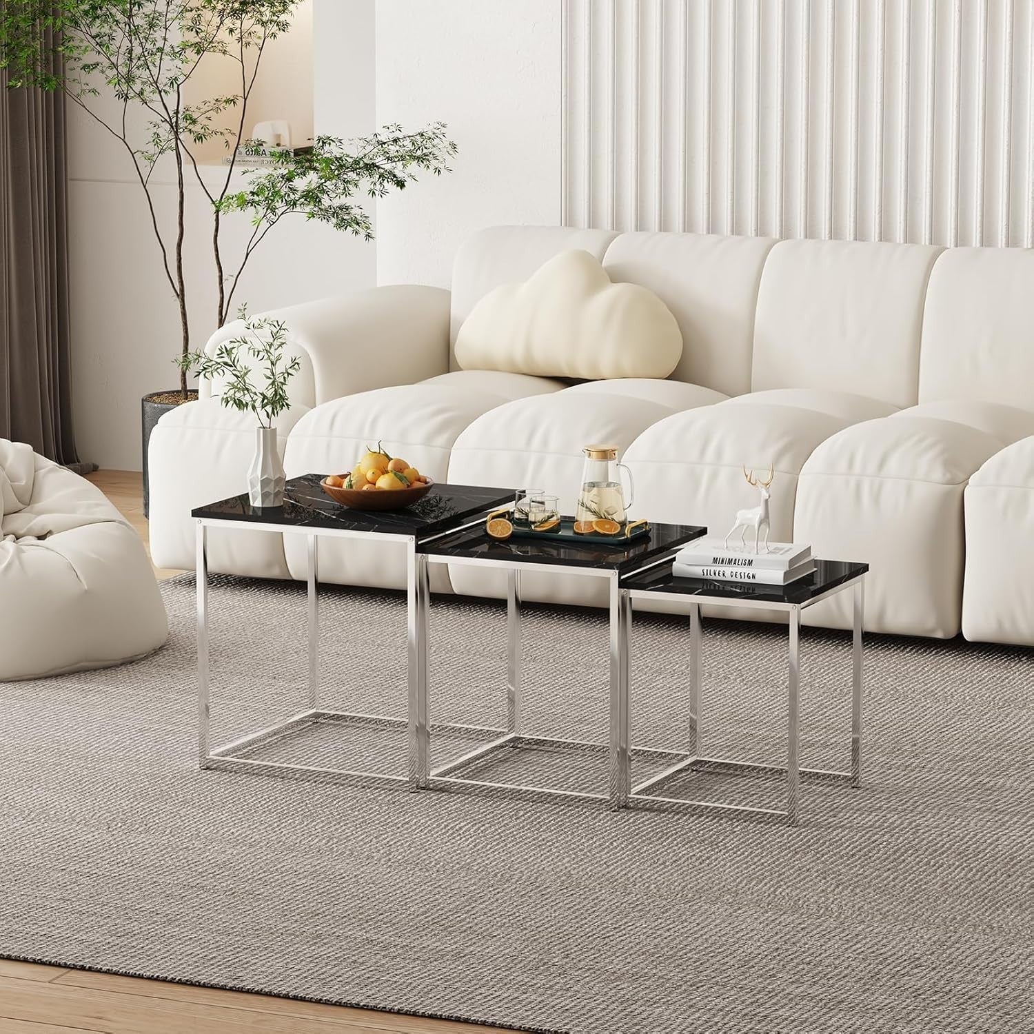 3 Nesting Coffee Tables Set Black Marble Square End Side Living Room Furniture