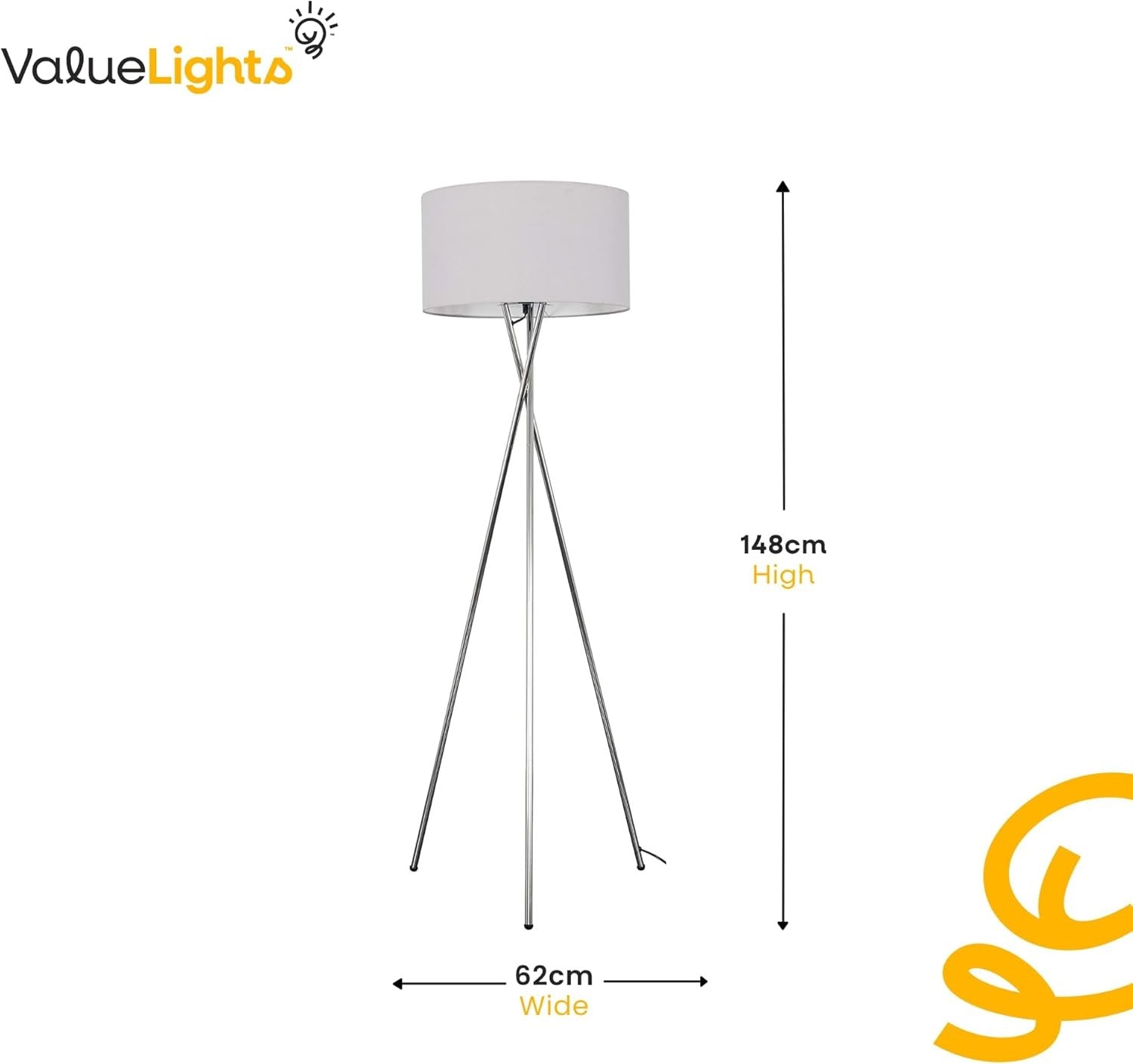 Modern Chrome Tripod Floor Lamp Pale Grey Shade Tall Living Room Light