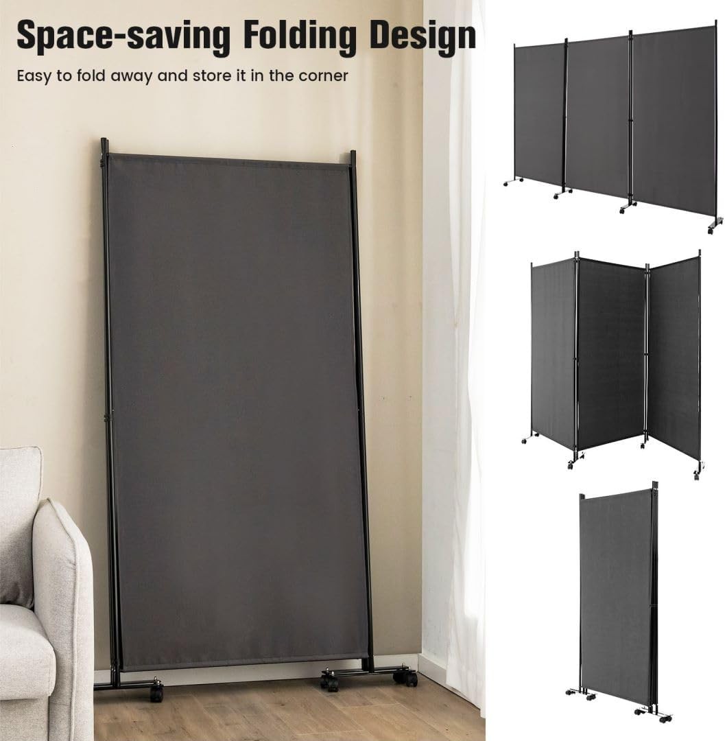 3 Panel Grey Folding Room Divider Privacy Screen on Wheels for Home Office