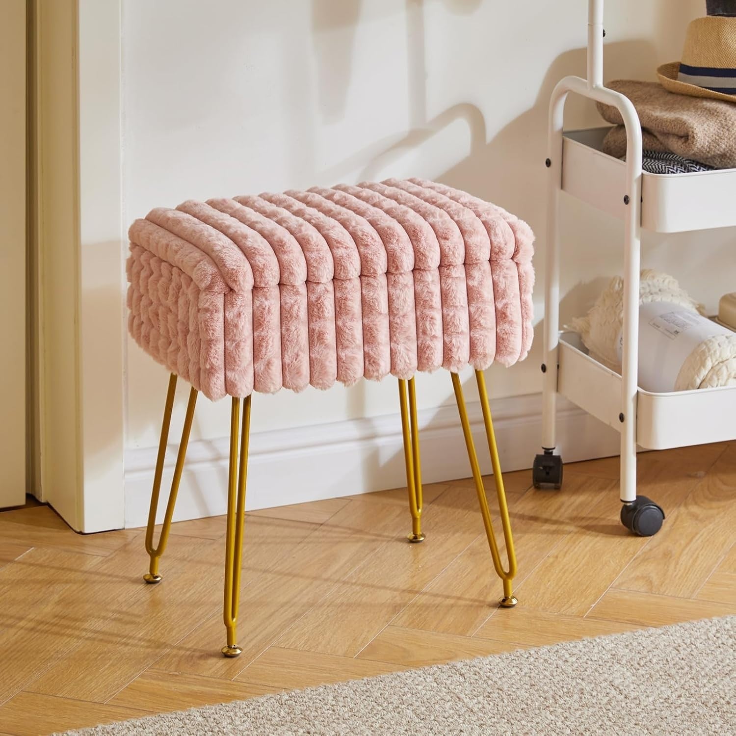 Pink Rectangular Vanity Stool with Storage – Padded Seat & Metal Legs