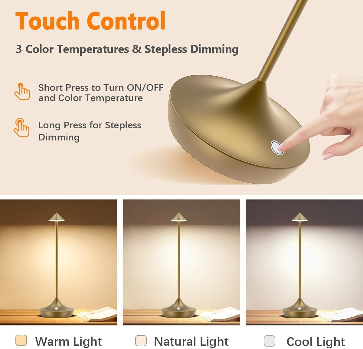 Cordless Rechargeable LED Table Lamps, Dimmable, Portable, 2pcs Bronze
