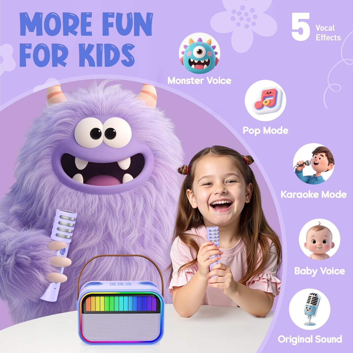 Girls Karaoke Machine 2 Mics Bluetooth LED Party Speaker Purple