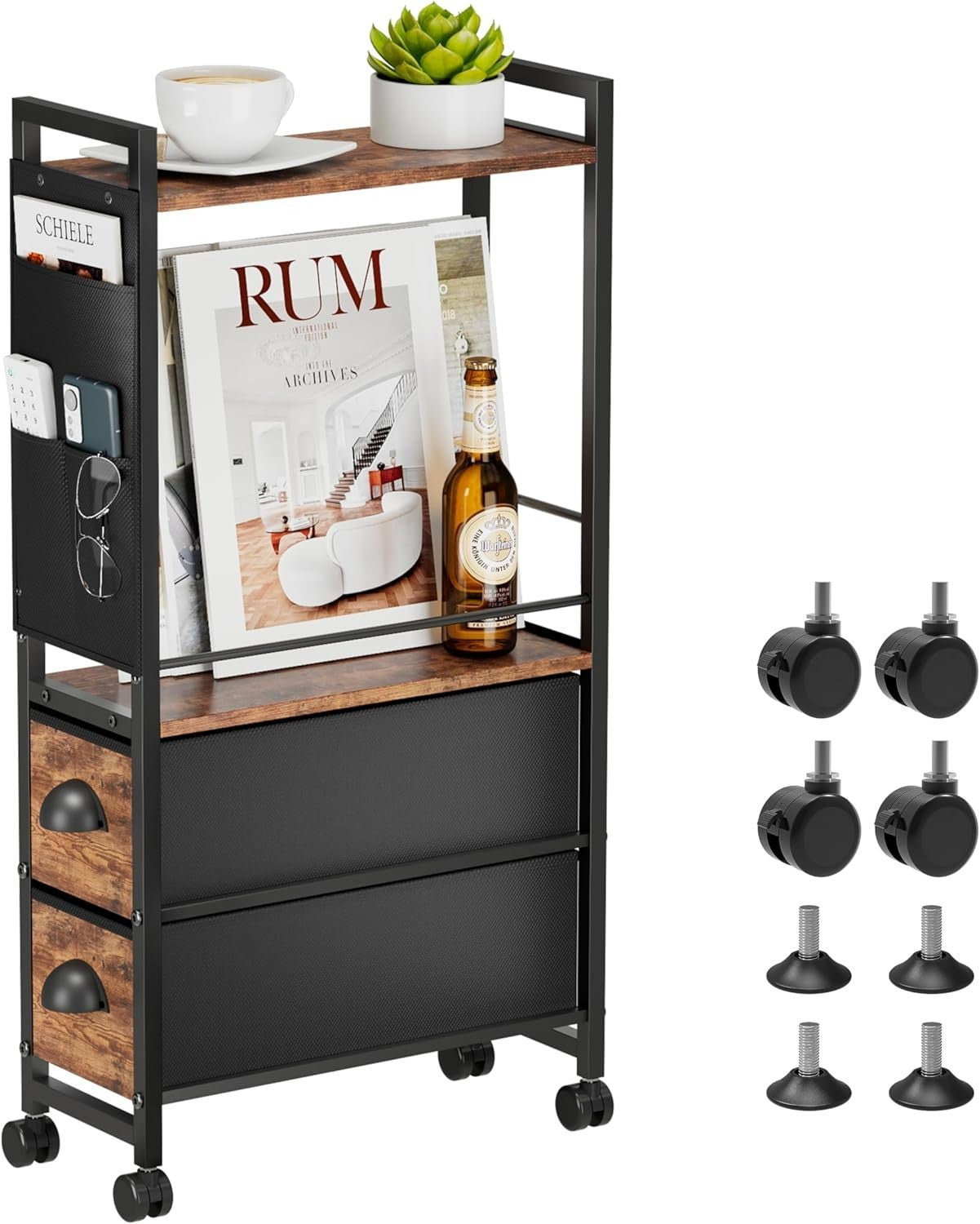 Retro Black Narrow Side Table 42x20x80 cm | Slim Nightstand w/ Drawers & Storage