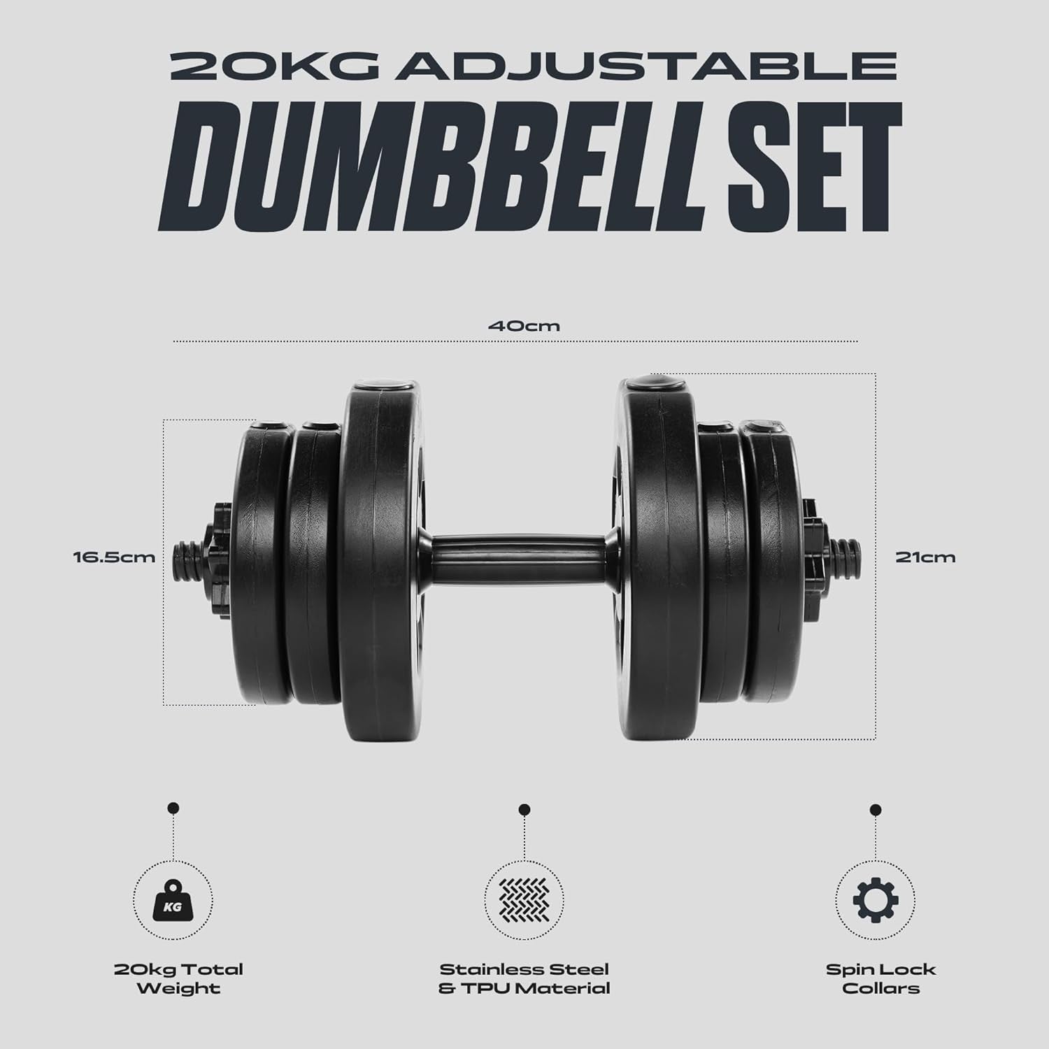 20kg Adjustable Dumbbell Set Pair Non-Slip Spinlock Home Strength Weights