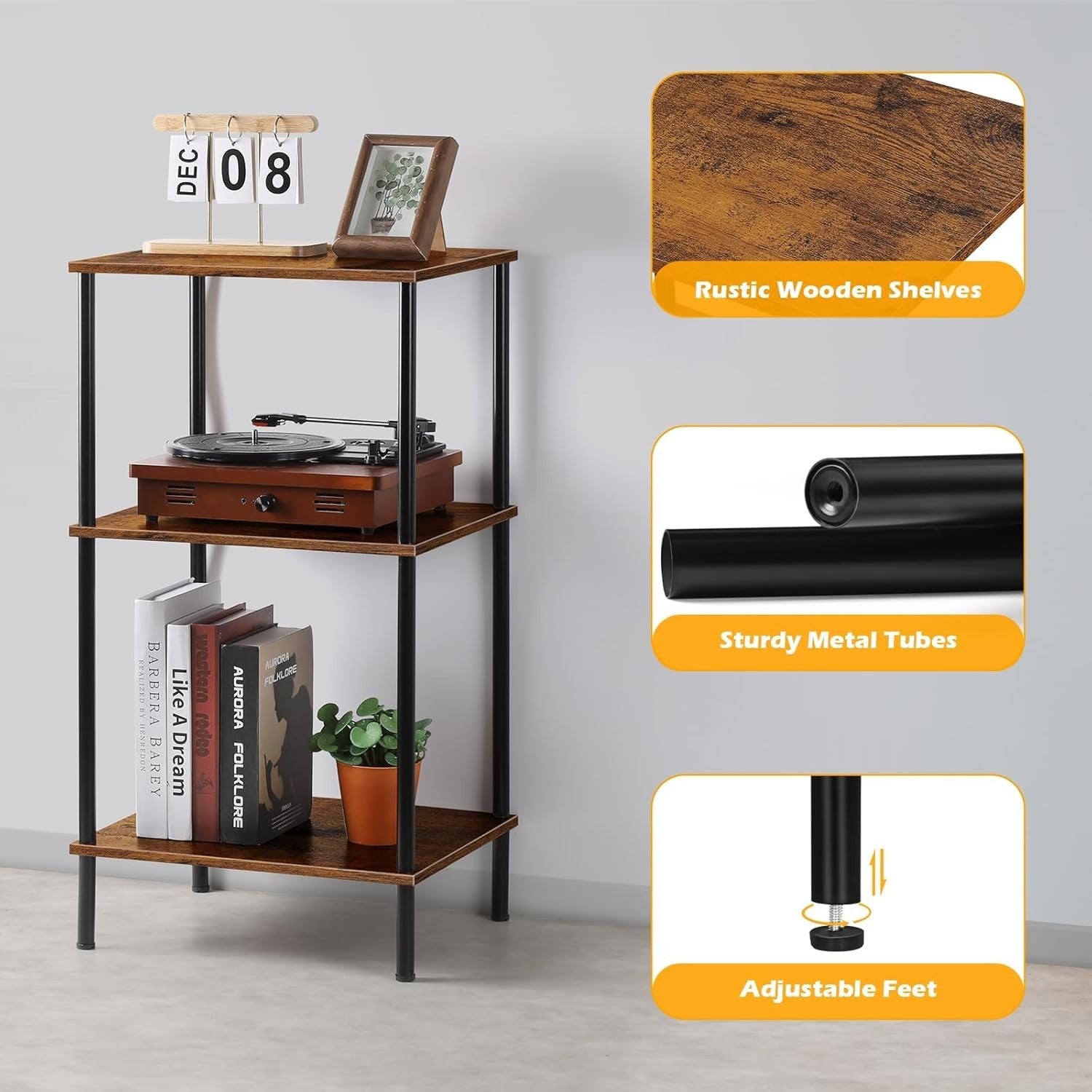 Tall Side Table 3 Tier Narrow Storage Shelf Rustic Small Space End Unit