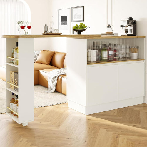 360° Rotating Kitchen Island with Sliding Glass Doors, Storage & Extendable.