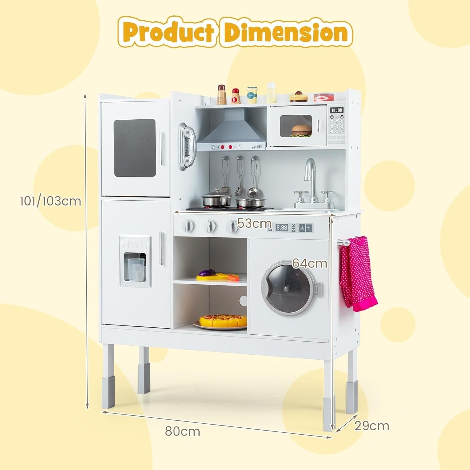 Adjustable Wooden Kids Play Kitchen White w/ Lights Sounds Set