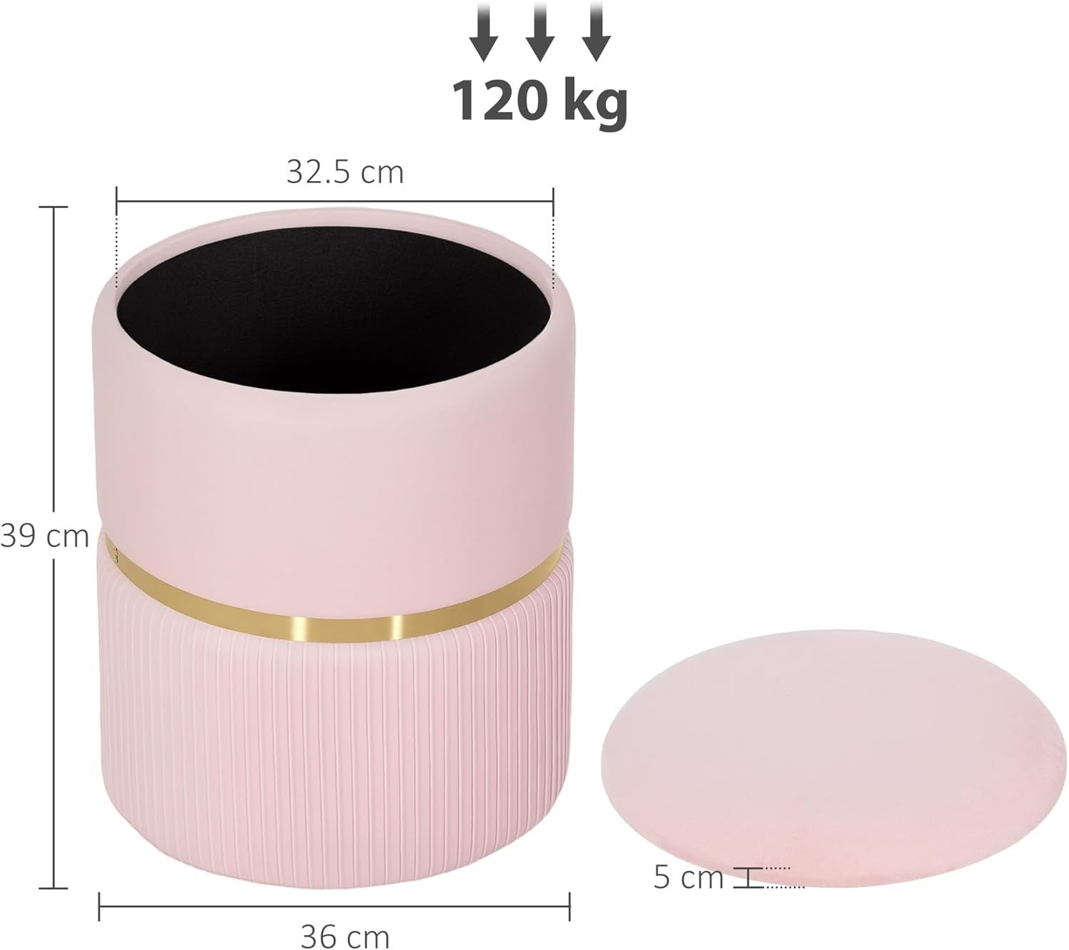 Pink Velvet Storage Stool Round Ottoman Padded Seat Vanity Footstool