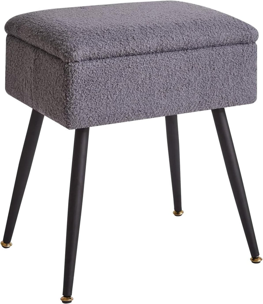 Grey Teddy Fur Vanity Stool with Storage – Soft Ottoman Chair for Bedroom