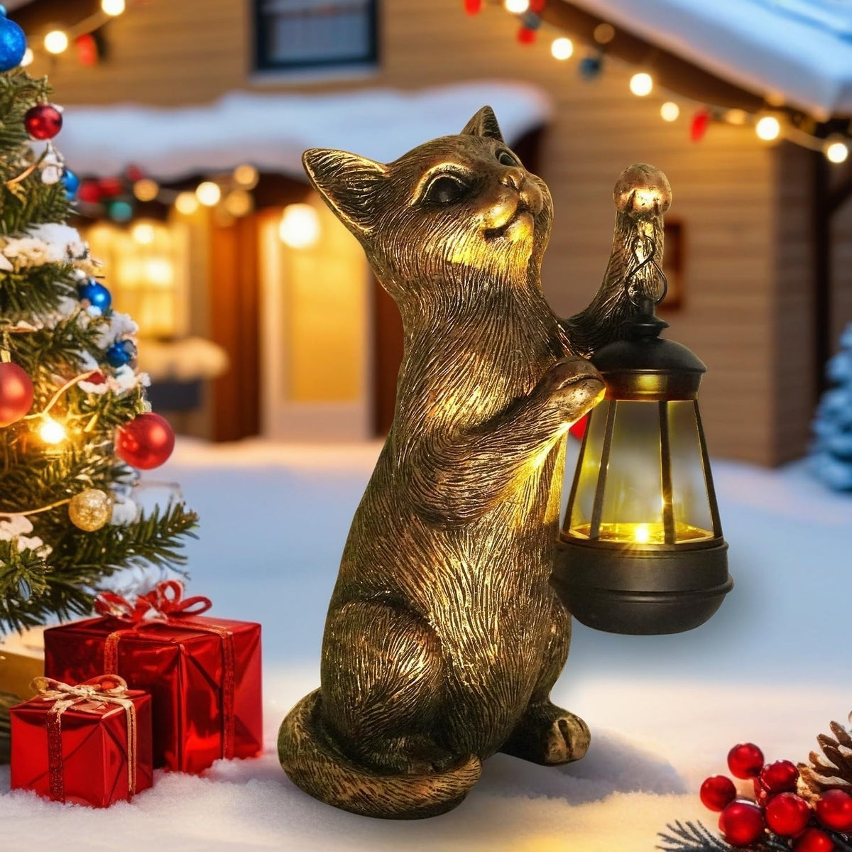 Solar Cat Garden Statue with Lantern Outdoor Resin Ornament LED Yard Decor