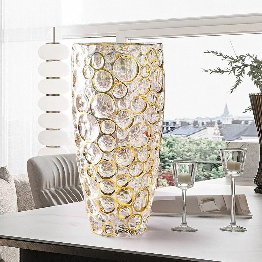 Large Crystal Glass Flower Vase 11.8in Hand Painted Gold Modern Home Décor